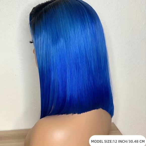 Ombre Black/DeepBlue 13x4 Lace Frontal Straight Peruvian Remy Human Hair Bob Wig - Picture 6 of 7